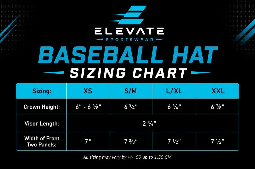 Elevate Sportswear baseball hat sizing chart with crown height, visor length, and panel width by size