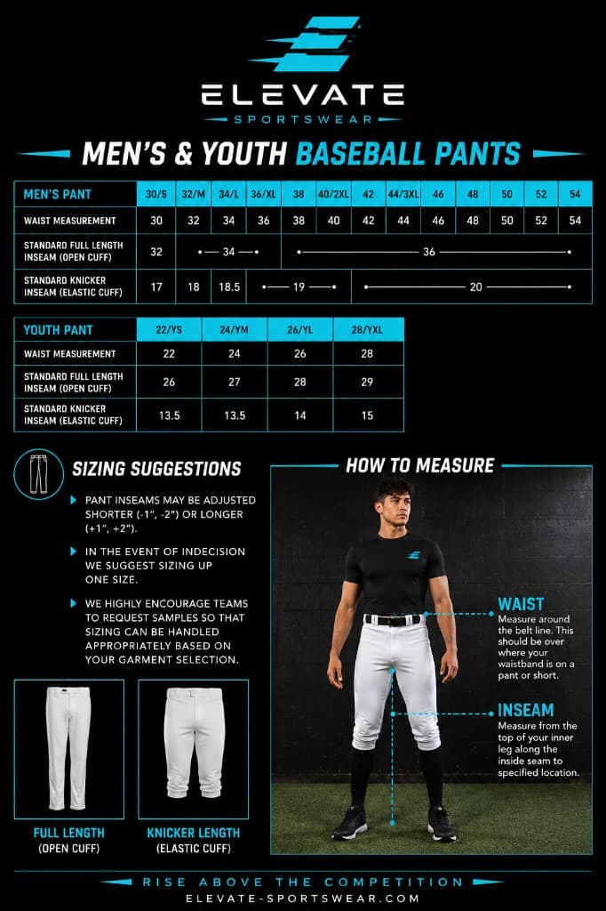 Elevate Sportswear men's and youth baseball pants sizing chart with waist and inseam measurements