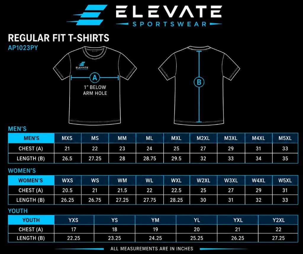 Elevate Sportswear regular fit t-shirts sizing chart showing men's, women's, and youth chest and length measurements